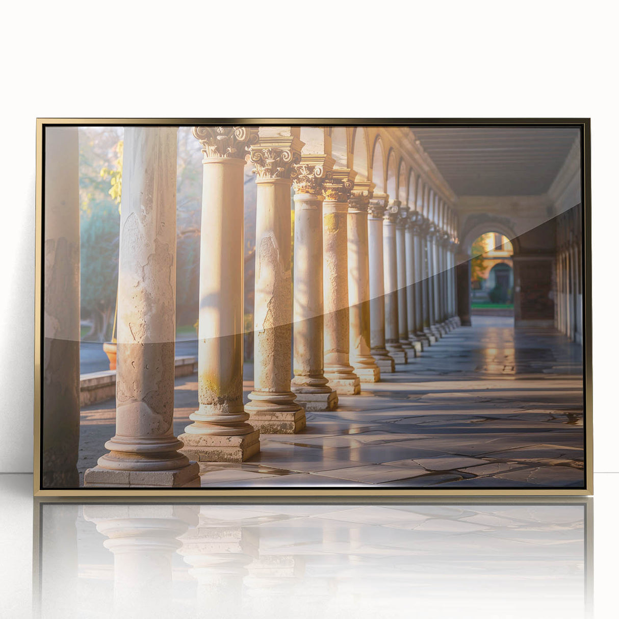 Mid-century modernist art of gold columns on acrylic print, suitable for nursery wall art or modern decor.