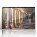 Mid-century modernist art of gold columns on acrylic print, suitable for nursery wall art or modern decor.