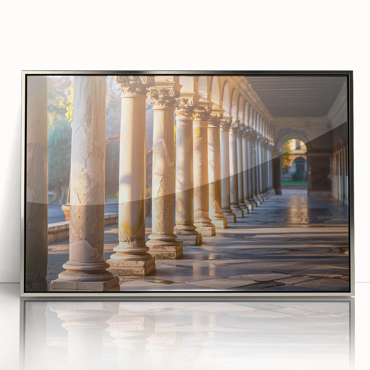 Mid-century modernist art depicting architectural columns in muted gray, framed acrylic, ideal for modern art wall decor.