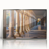 Mid-century modernist art depicting architectural columns in muted gray, framed acrylic, ideal for modern art wall decor.
