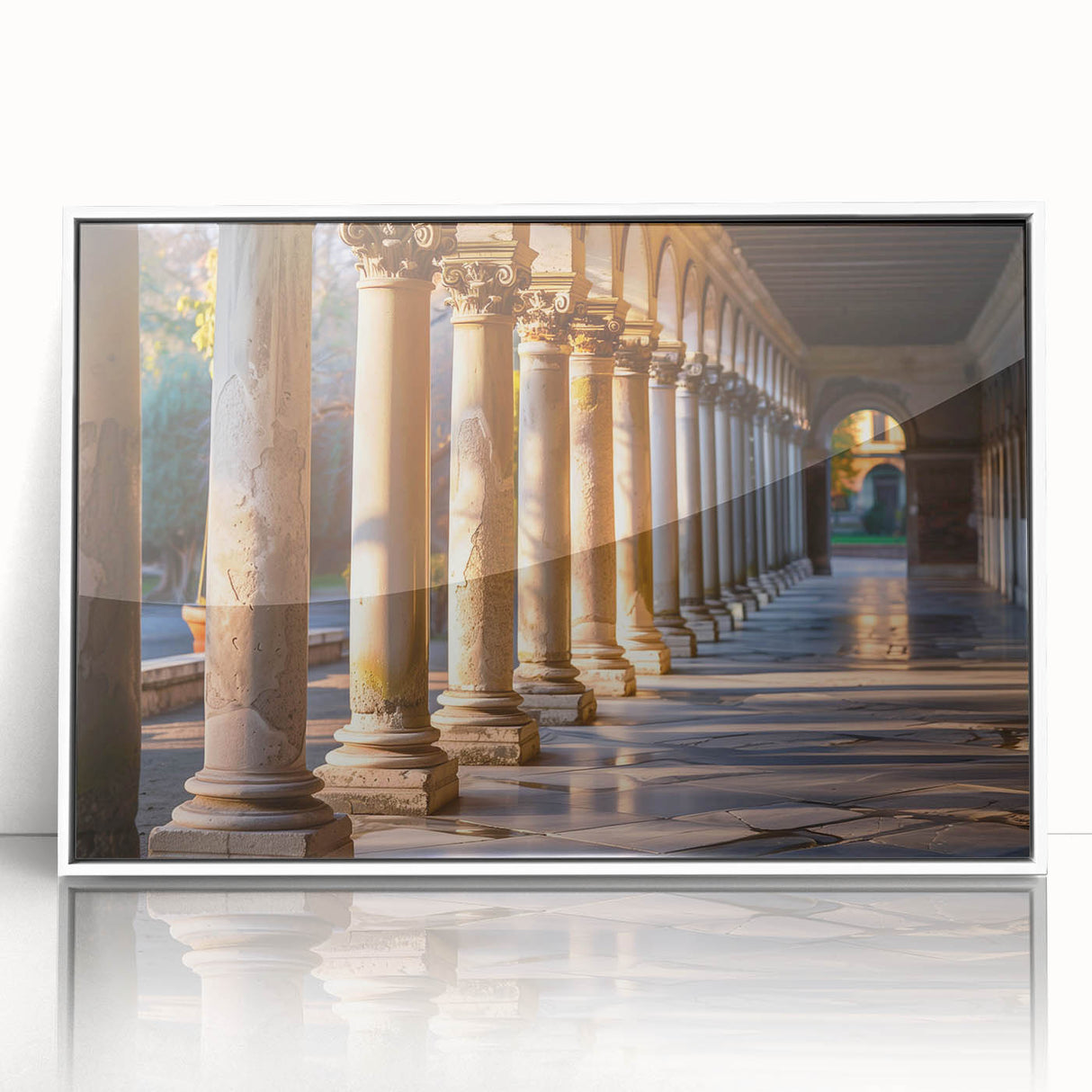 Art deco poster featuring white architecture columns on acrylic print, ideal for modern art wall decor in a nursery.