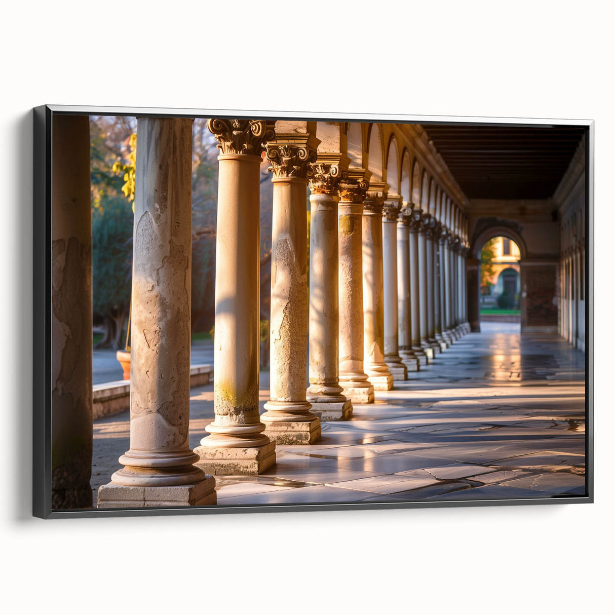 Black and white framed canvas featuring a vintage poster art of architectural columns, ideal for bedroom wall decor.