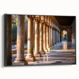 Black and white framed canvas featuring a vintage poster art of architectural columns, ideal for bedroom wall decor.