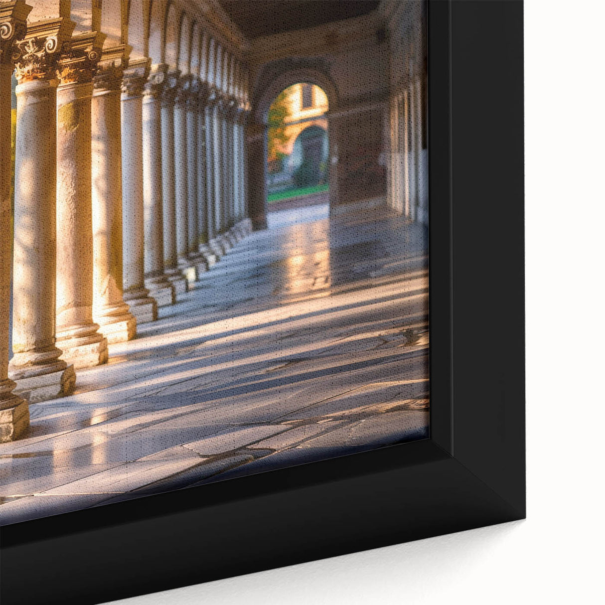 Close-up of black wall art featuring colorful, textured columns on a framed canvas, ideal for living room decor.