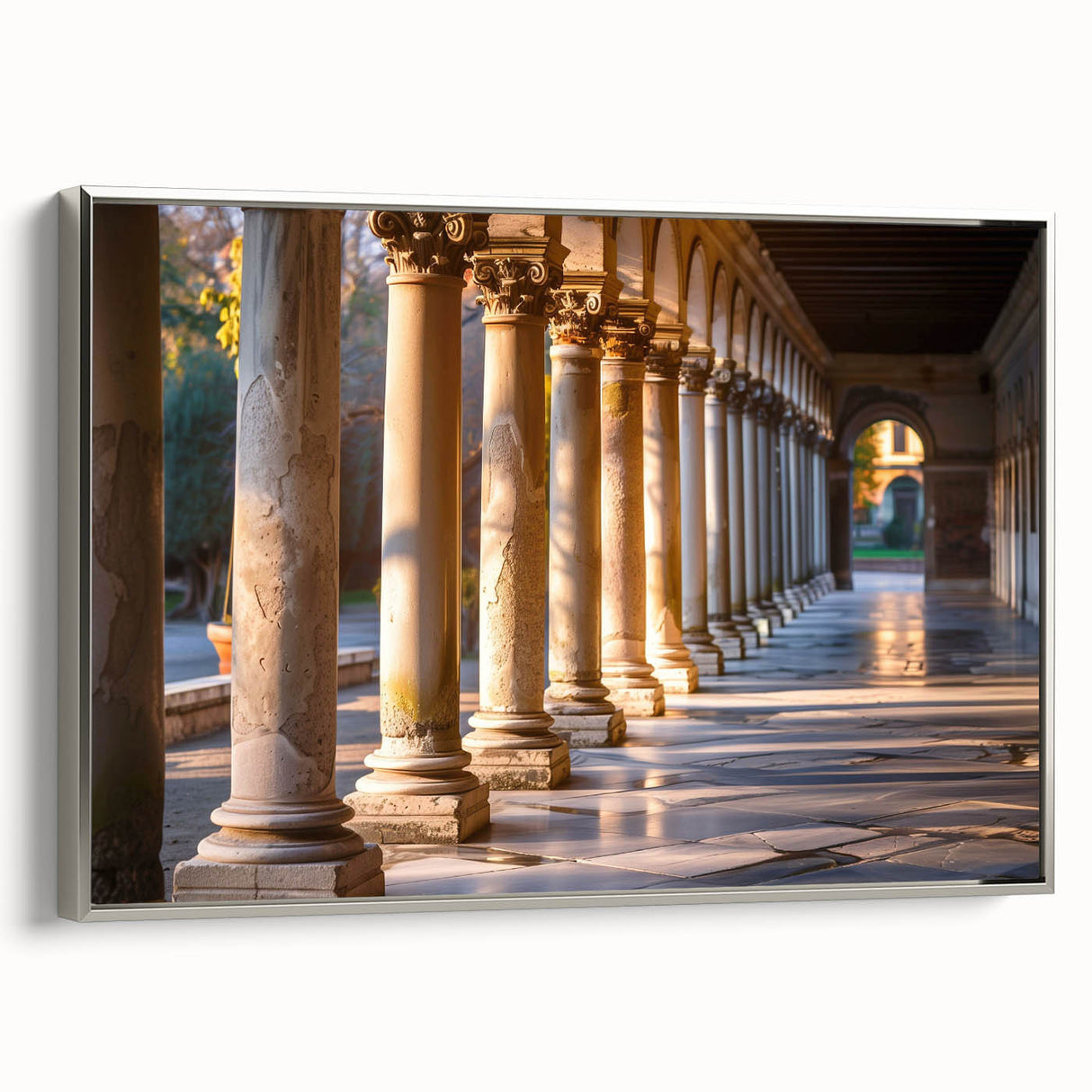 Framed canvas featuring a black and white landscape with vintage-style columns in muted tones, ideal for office decor.