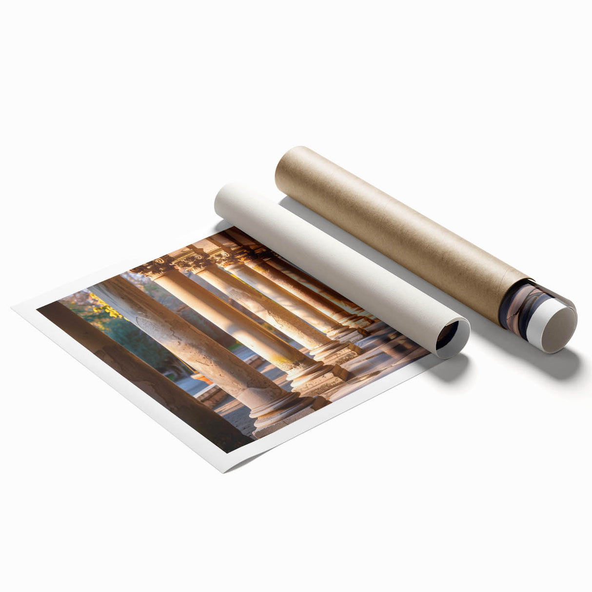 Extra large rolled print featuring a floral design with muted pastel colors on classical architecture columns.