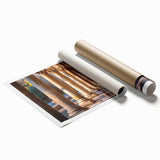 Extra large rolled print featuring a floral design with muted pastel colors on classical architecture columns.