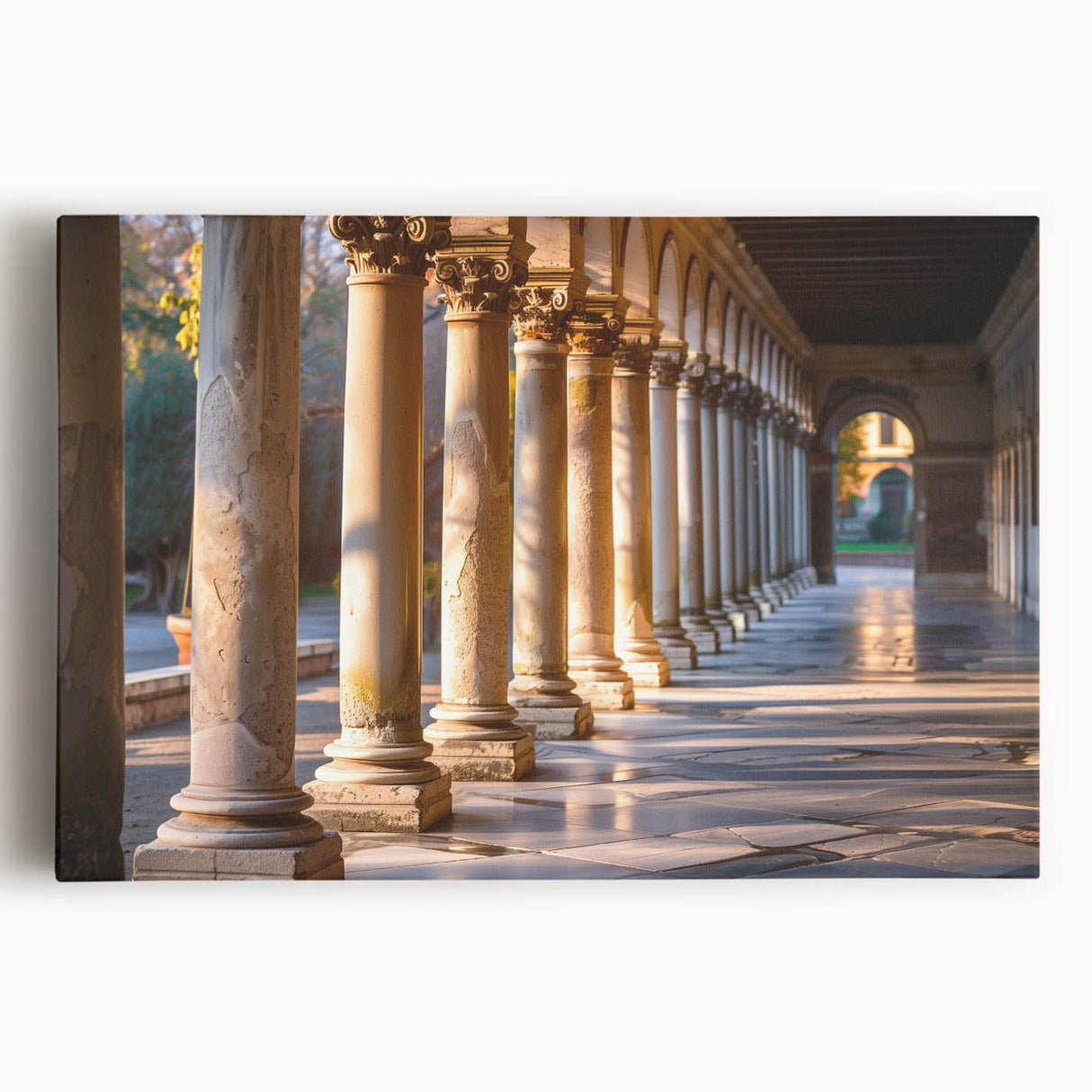 Black and white photo of classical columns on a stretched canvas, suitable as large kitchen wall art.