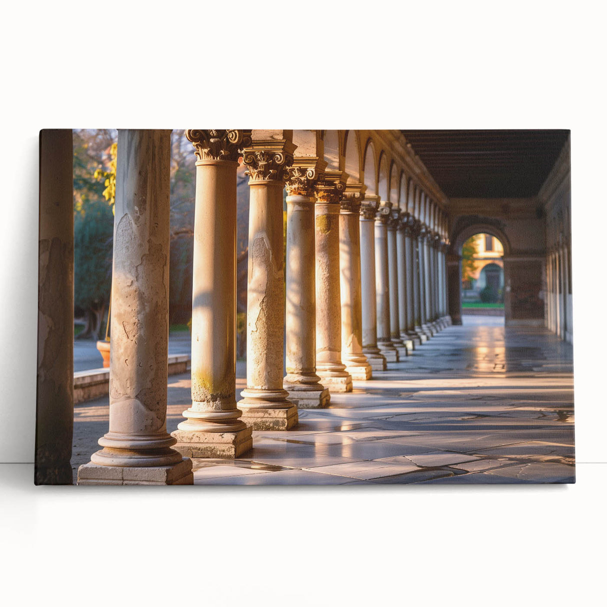 Black and white photo of architectural columns on a stretched canvas.