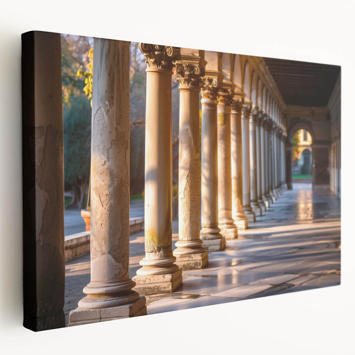Side view of a large art print featuring Greco-Roman columns in muted beige tones on stretched canvas.