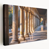 Side view of a large art print featuring Greco-Roman columns in muted beige tones on stretched canvas.