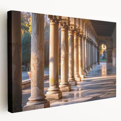 Side view of a large art print featuring Greco-Roman columns in muted beige tones on stretched canvas.