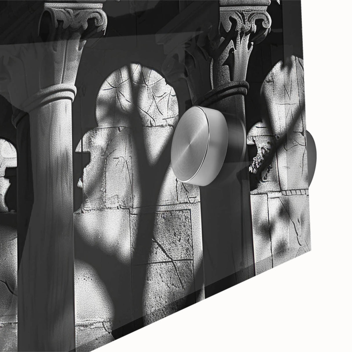 Large abstract wall art on acrylic glass featuring mid-century modernist architecture columns in monochrome tones.