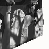 Large abstract wall art on acrylic glass featuring mid-century modernist architecture columns in monochrome tones.