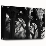 Large abstract wall art on acrylic featuring column designs in soft gray tones.