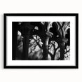 Extra large abstract art print featuring colorful, textured columns, ideal for living room decor, in a black frame with mat.