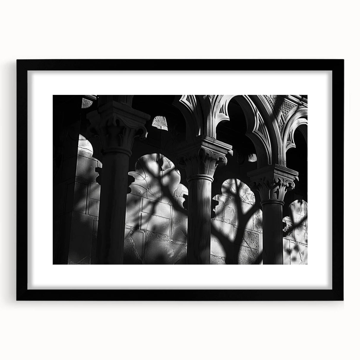 Extra large abstract art print featuring colorful, textured columns, ideal for living room decor, in a black frame with mat.