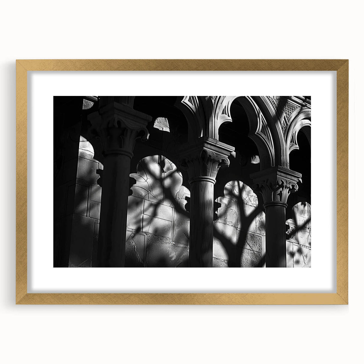 Extra large abstract art print featuring textured columns in muted earth tones, framed in gold, ideal for living room decor.