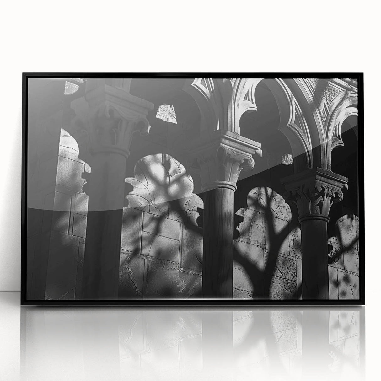 Large abstract wall art featuring black and white architectural columns in a mid-century modernist style.