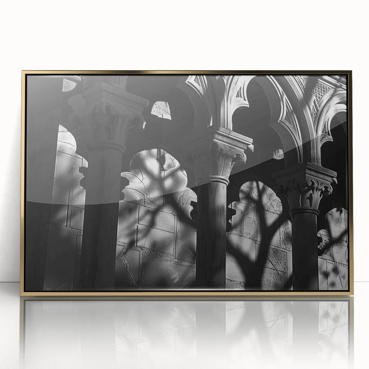 Framed acrylic print of classical columns in gold tones, ideal for modern art wall decor.