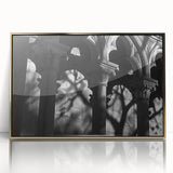 Framed acrylic print of classical columns in gold tones, ideal for modern art wall decor.