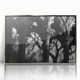 Mid-century modernist art depicting silver columns, acrylic print framed in silver, suitable for modern art wall decor.