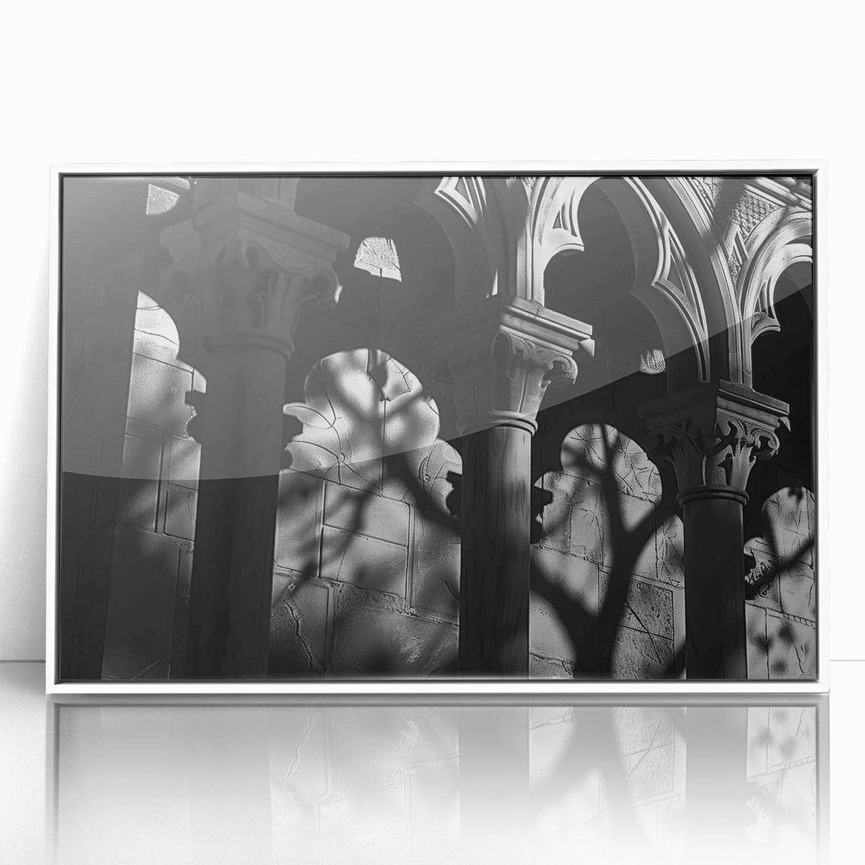 Art deco poster featuring symmetric column architecture in monochrome shades on acrylic, ideal for modern art wall decor.