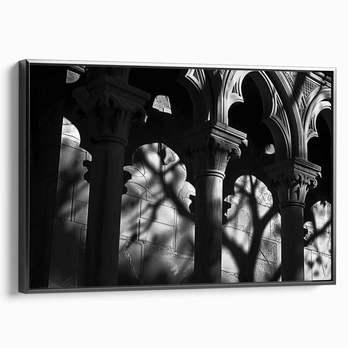 Black and white framed canvas featuring vintage poster art of architectural columns, ideal for bedroom decor.