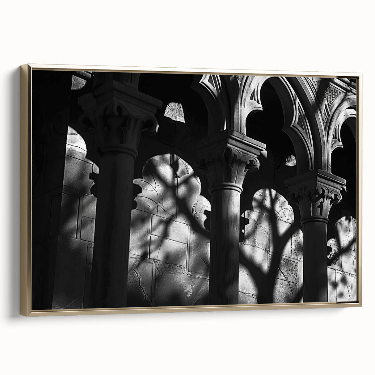 Framed canvas of vintage poster art featuring black architectural columns in a landscape format.