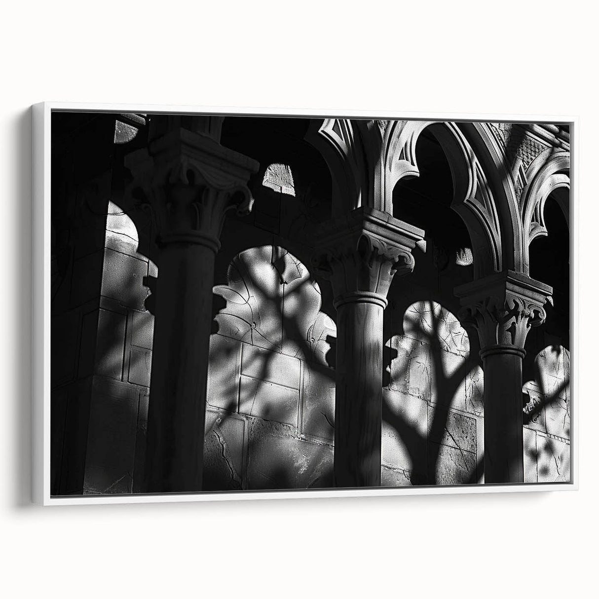 Extra large framed canvas of vintage poster art featuring architecture columns in black with colorful accents.