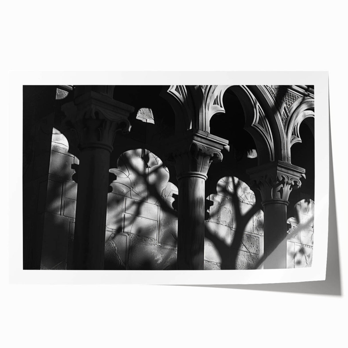 Extra large wall art on rolled canvas featuring classical architecture with columns in muted beige tones.
