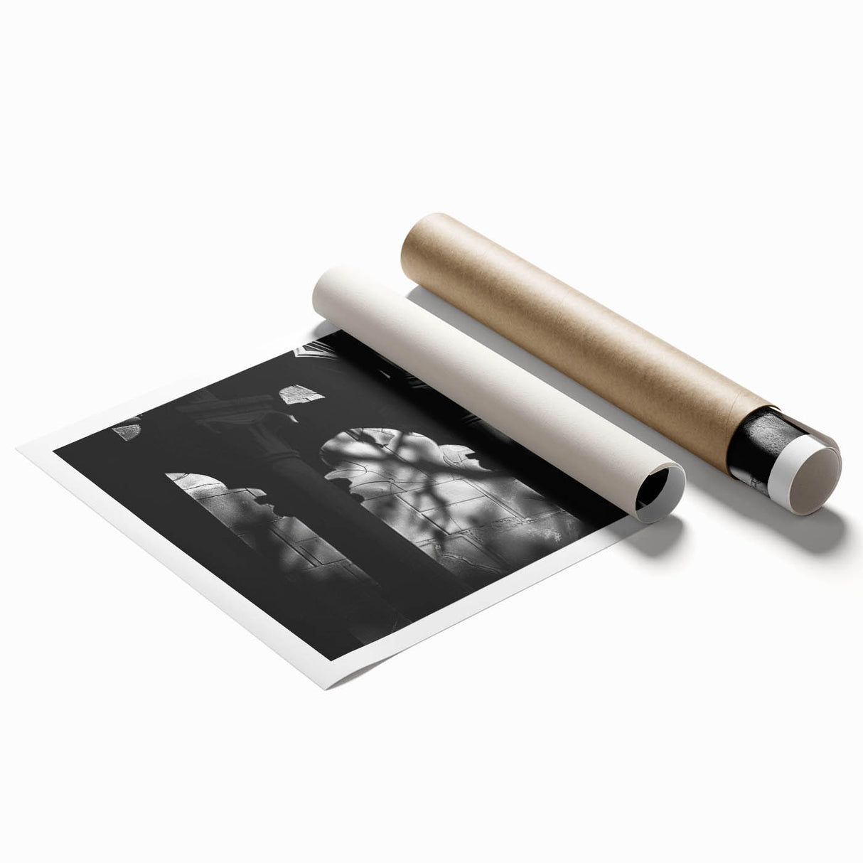 Extra large rolled print featuring classical columns and floral designs in muted earth tones.