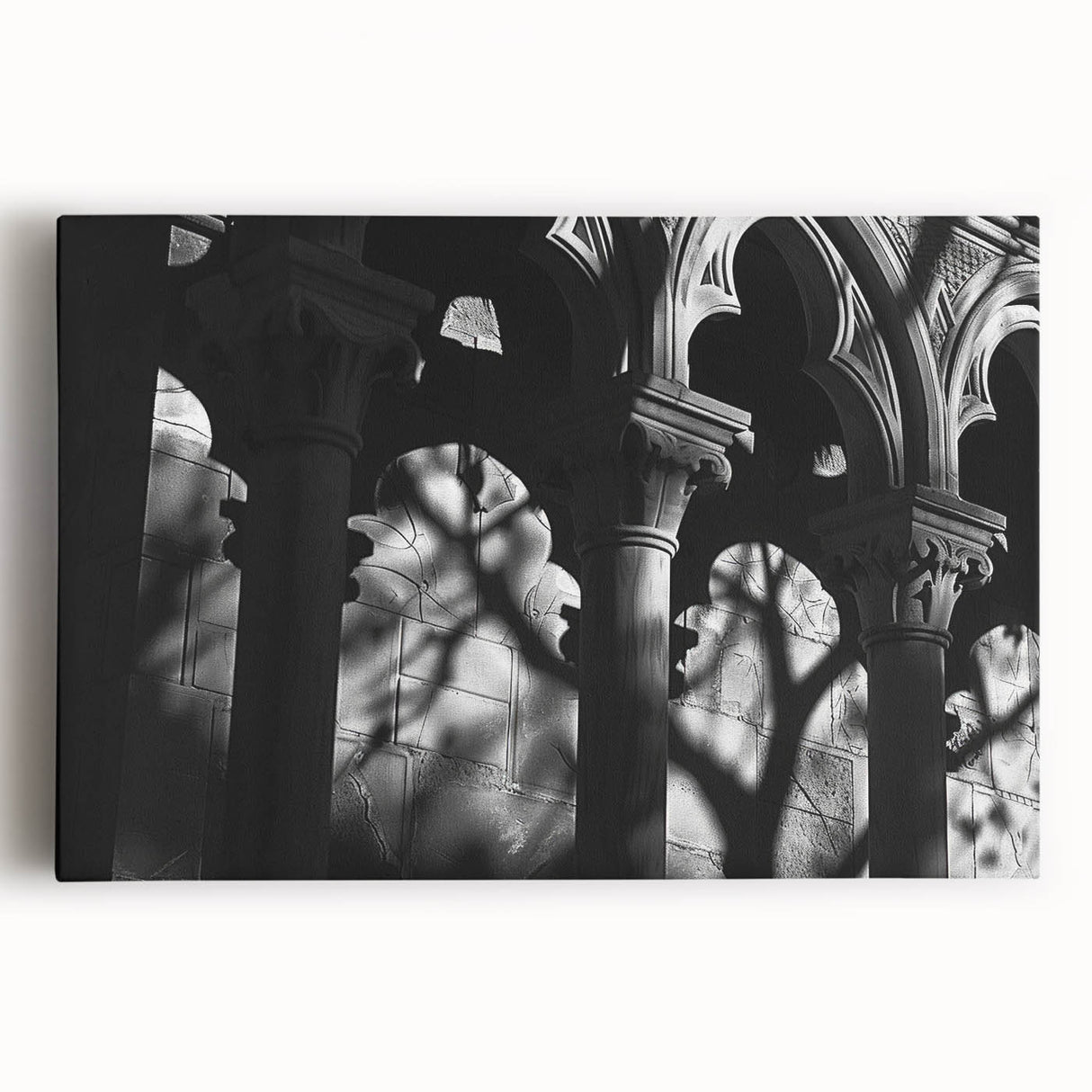 Black and white photo of architectural columns on stretched canvas, ideal for kitchen art.