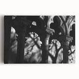 Black and white photo of architectural columns on stretched canvas, ideal for kitchen art.