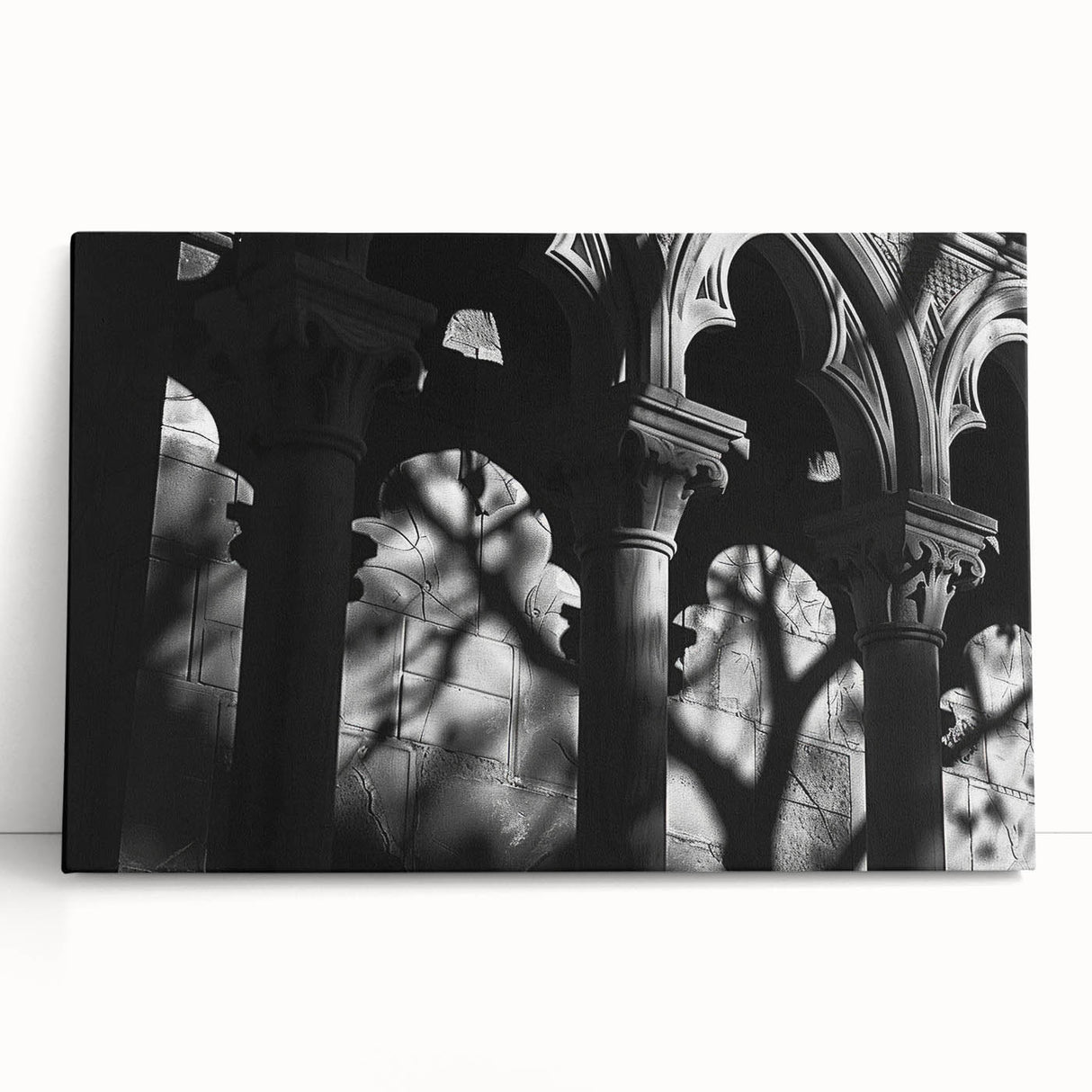 Black and white photo of classical columns on stretched canvas, suited for kitchen wall art or bedroom decor.