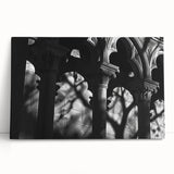 Black and white photo of classical columns on stretched canvas, suited for kitchen wall art or bedroom decor.