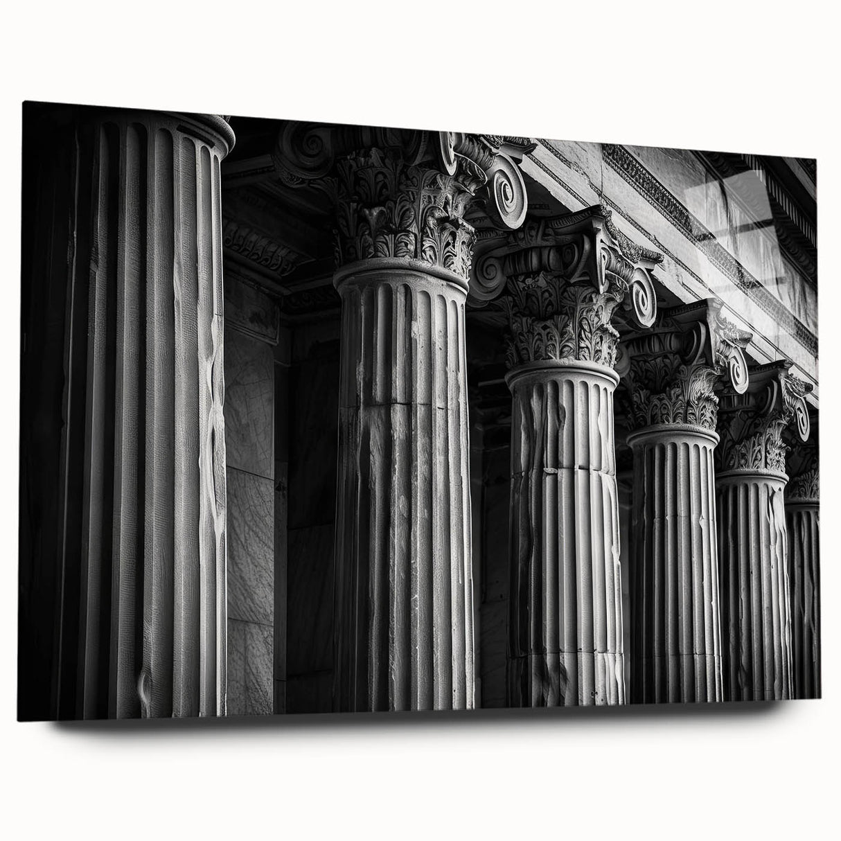 Large abstract wall art featuring a series of blurred architectural columns in grayscale tones on acrylic glass.