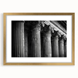 Extra large abstract art print featuring textured columns in muted gold and white tones on a framed canvas.