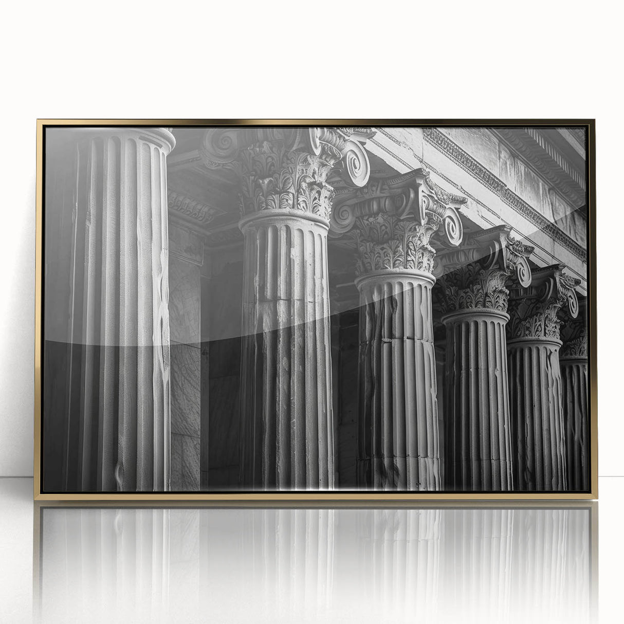 Acrylic print of a mid-century modernist architecture column design in gold, ideal for modern art wall decor.