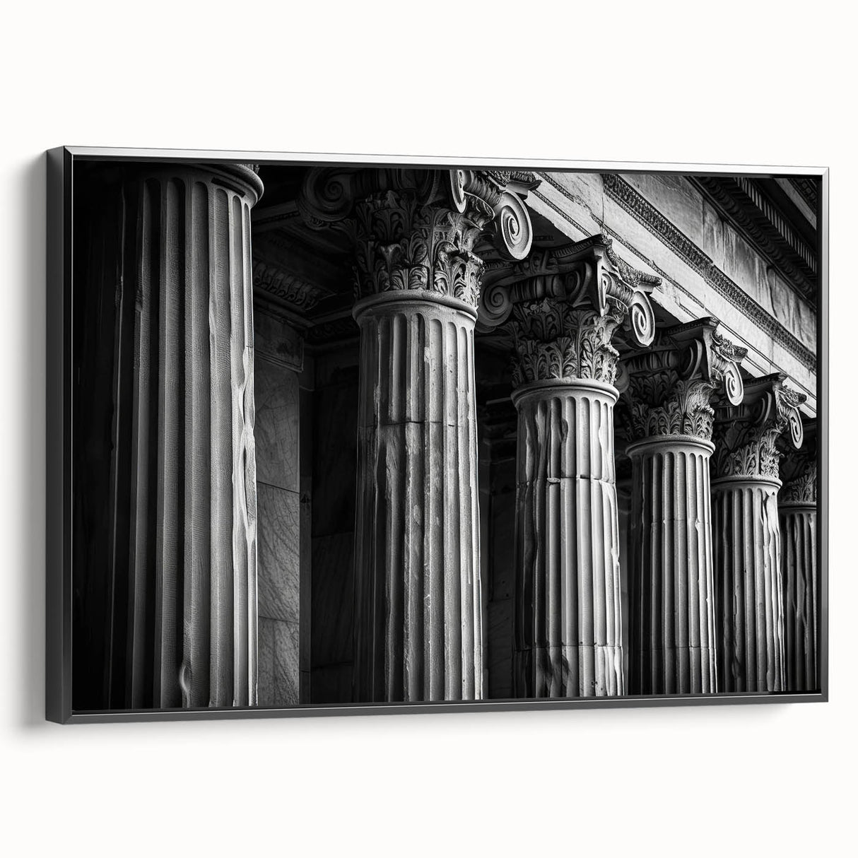 Black and white framed canvas of classical architecture columns, ideal for bedroom wall art.