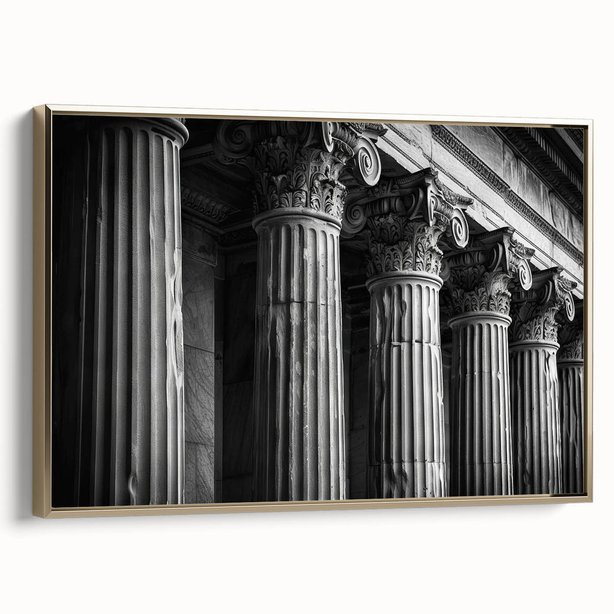 Black and gold vintage poster art of architectural columns on framed canvas, ideal for bedroom wall decor.