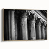 Black and gold vintage poster art of architectural columns on framed canvas, ideal for bedroom wall decor.