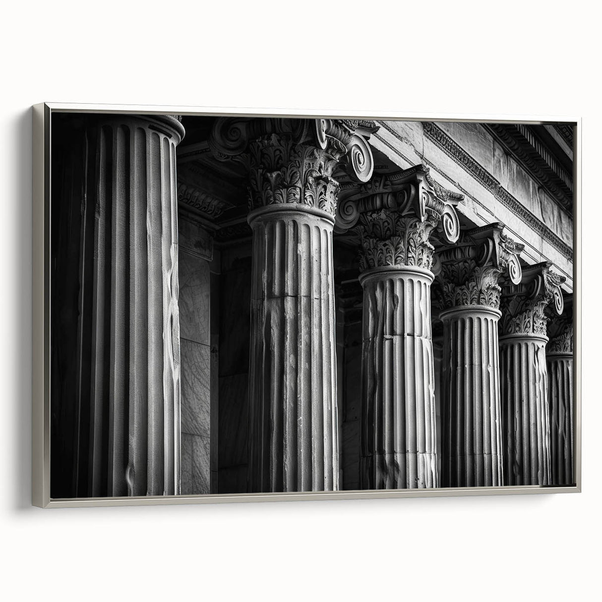 Landscape art painting featuring classical columns in muted black and silver tones on a framed canvas.