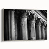 Landscape art painting featuring classical columns in muted black and silver tones on a framed canvas.