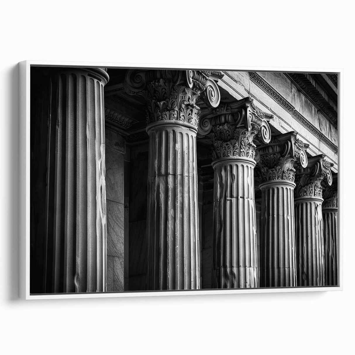 Extra large framed canvas featuring a vintage poster art design of colorful architectural columns.