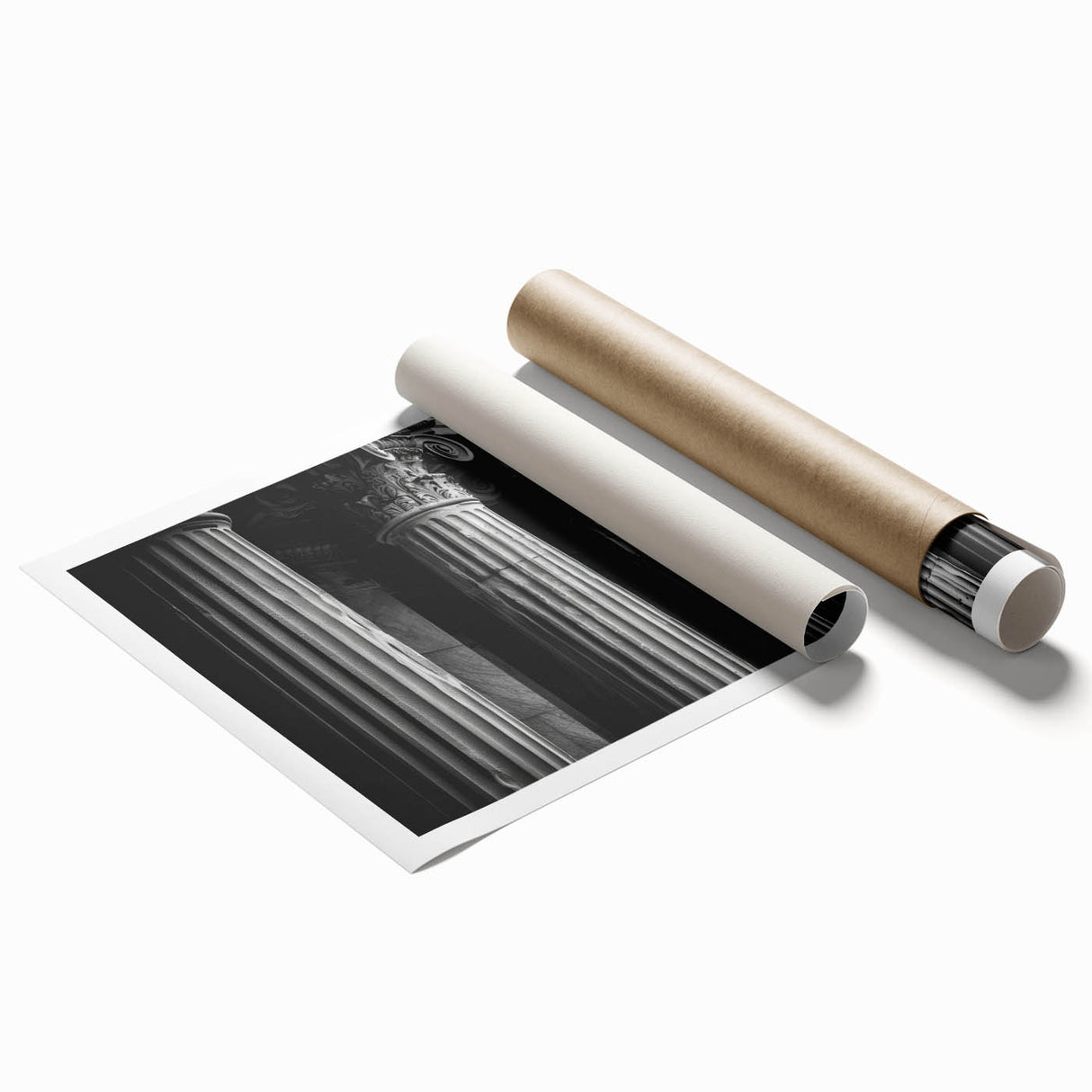 Extra large rolled print of classical columns in muted beige tones, ideal for classy bathroom wall art.