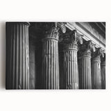 Black and white photo of classical columns on stretched canvas, ideal for kitchen or bedroom wall art.