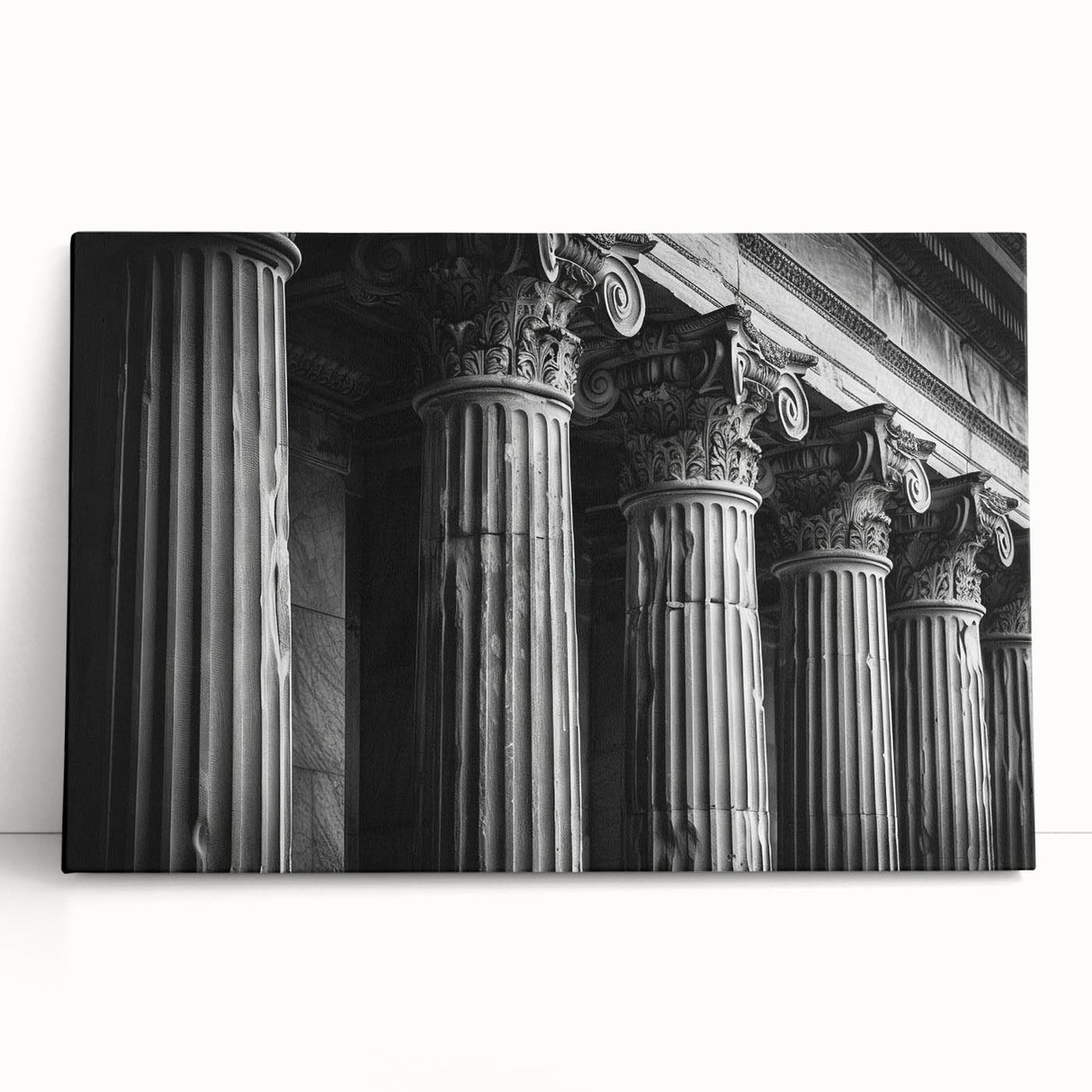 Black and white photo of classical columns printed on large stretched canvas, suitable as kitchen wall art.