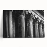 Black and white photo of classical columns printed on large stretched canvas, suitable as kitchen wall art.