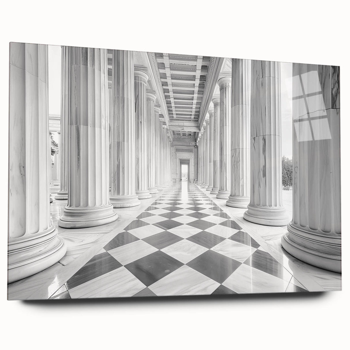 Large abstract wall art on acrylic glass featuring grayscale architectural columns.